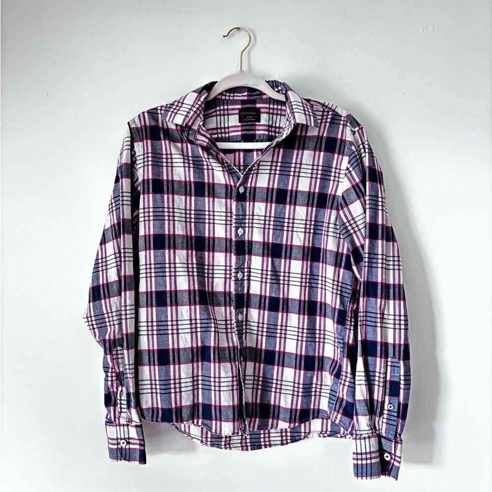 UNTUCKit Men's Casual Plaid Shirt - Navy and Red